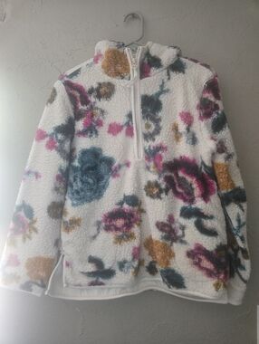 ANTHROPOLOGIE Rosemarie Hooded Sherpa Jacket Teddy Sweater Floral XS SATURDAY